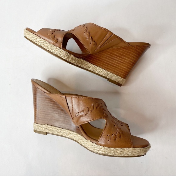 Jack Rogers Sophia Oak Brown Leather Wood Stacked Wedge Slide Sandals Size 6 - Picture 9 of 9